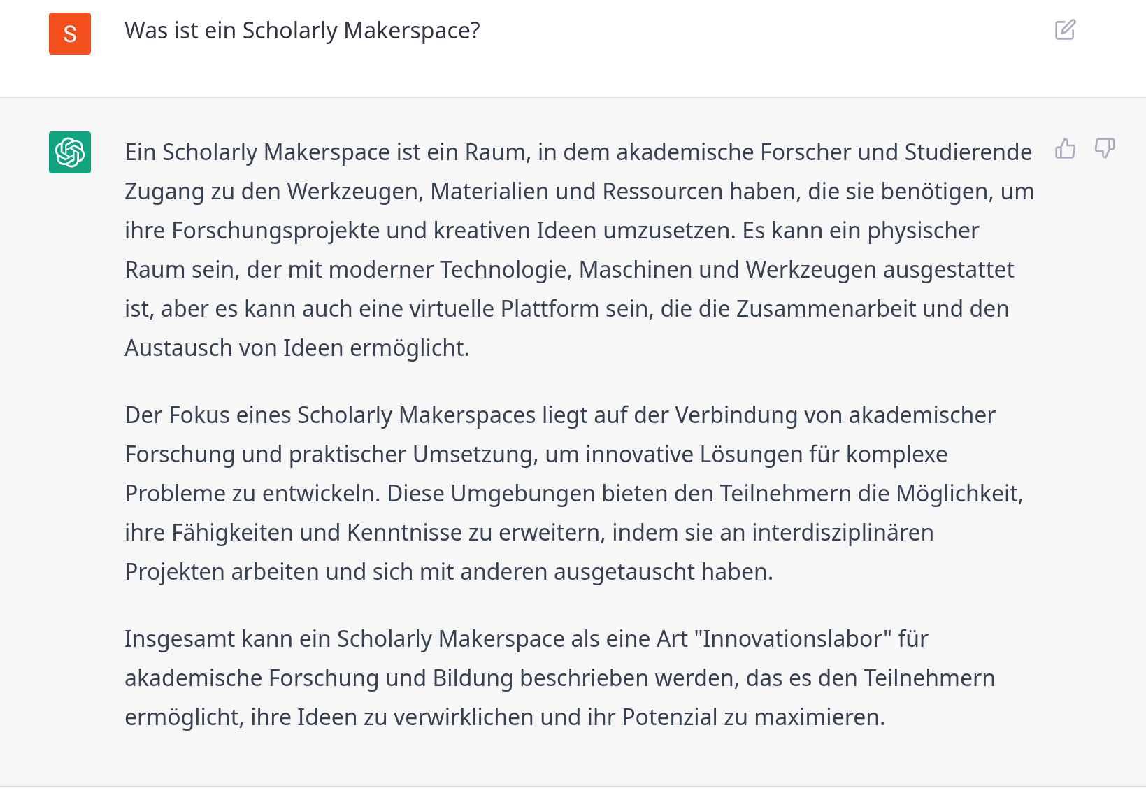 Figure 4: Transformermodell “ChatGPT” zur Frage: Was ist ein Scholarly Makerspace?
