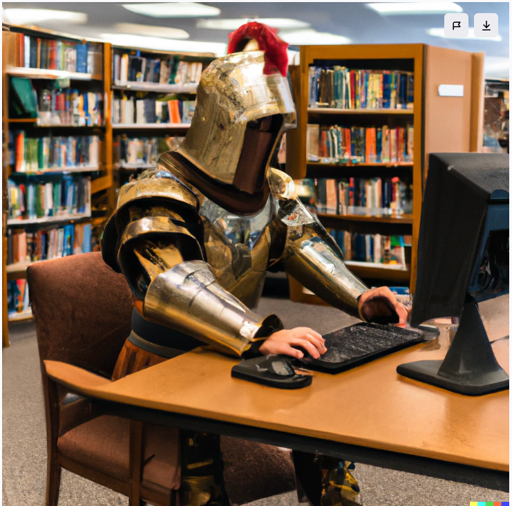 “knight sitting in a student library, wearing in a Renaissance full body armour, with a closed tournament helmet, frantically tipping into an large desktop computer from the 2000s on the table in front of him” (Torsten Hiltmann)