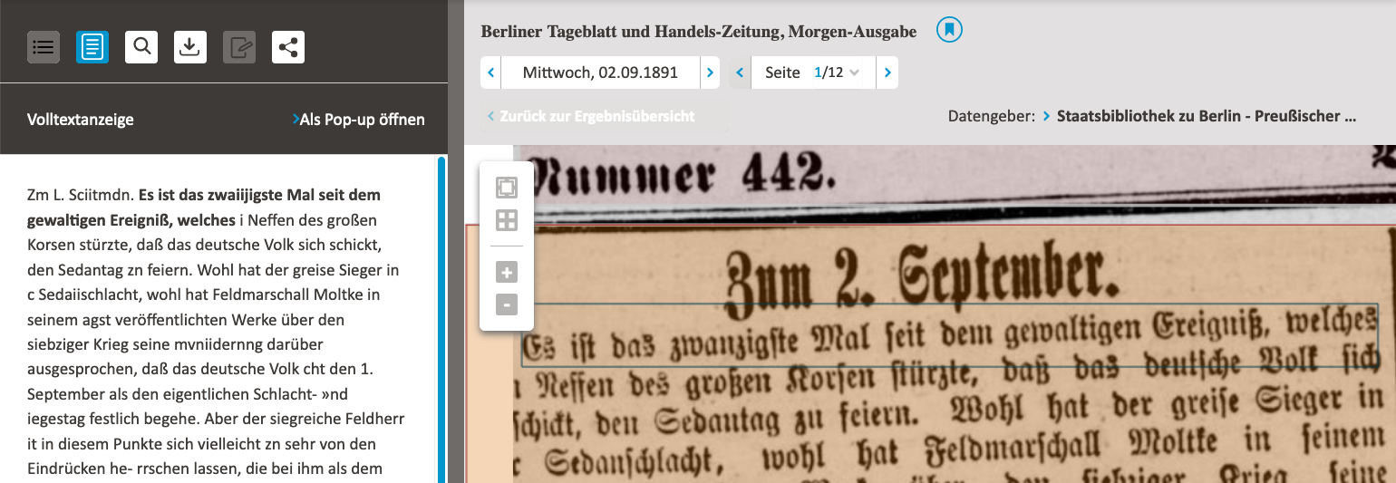 Figure 2: Fehlerhafte Scans und Stand von OCR. Quelle: Deutsches Zeitungsportal: Berliner Tageblatt und Handels-Zeitung, 2. Sep. 1891, S.1